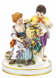 Frühling Gruppe, bunt und gold staffiert, H 16,5 cm